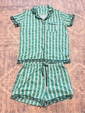 Pink Palm Puff Holiday Pajamas in Evergreen, Large